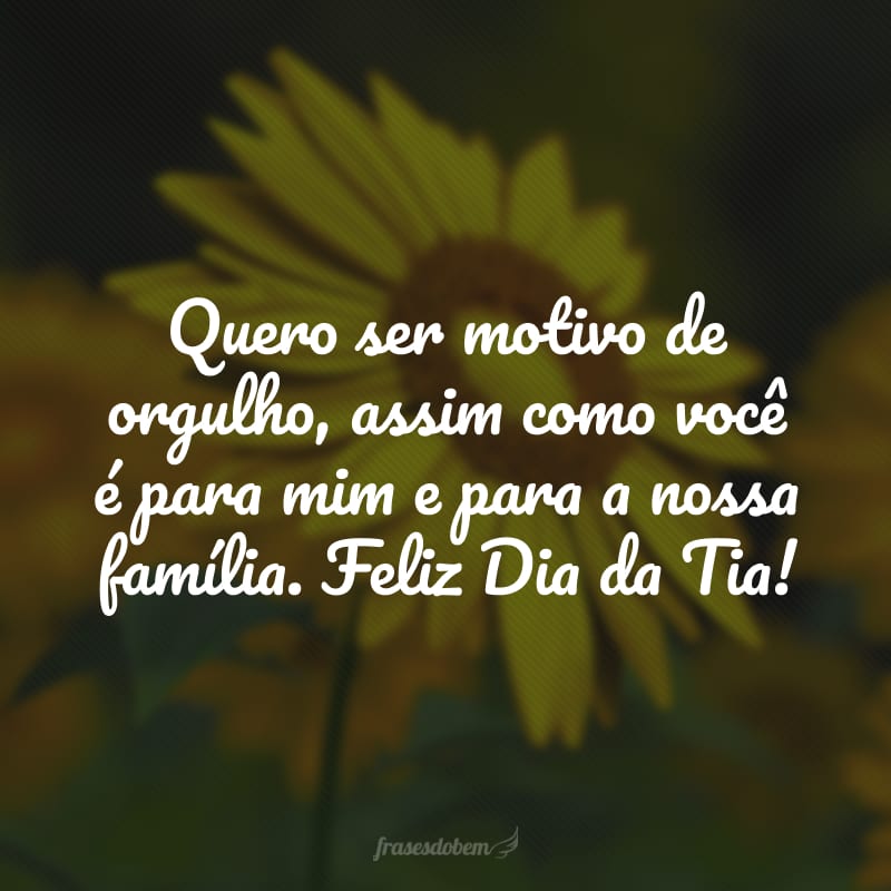 Quero ser motivo de orgulho, assim como você é para mim e para a nossa família. Feliz Dia da Tia!
