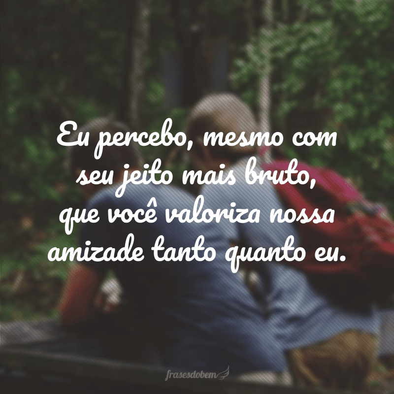 Eu percebo, mesmo com seu jeito mais bruto, que você valoriza nossa amizade tanto quanto eu.