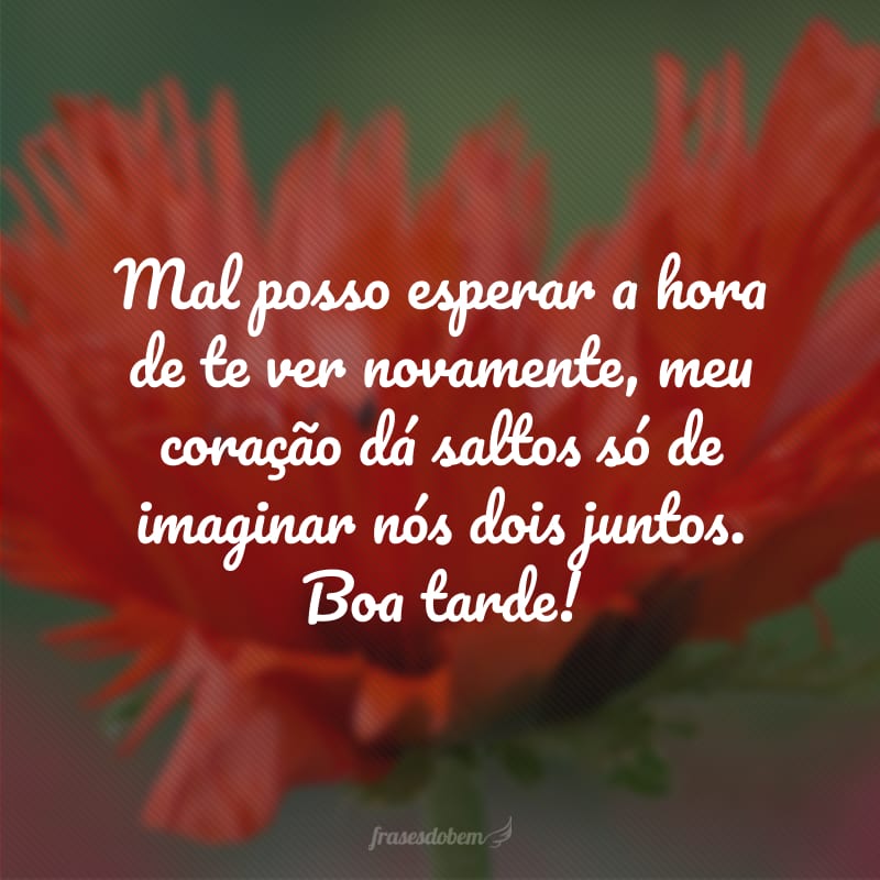 Mal posso esperar a hora de te ver novamente, meu coração dá saltos só de imaginar nós dois juntos. Boa tarde!