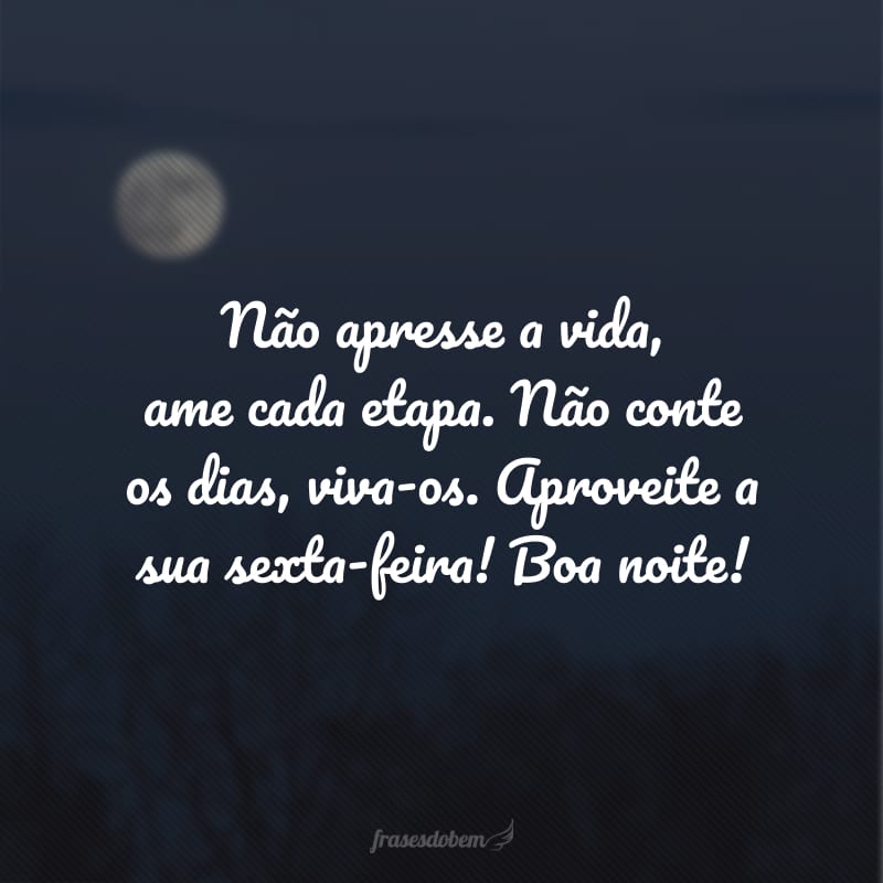 Não apresse a vida, ame cada etapa. Não conte os dias, viva-os. Aproveite a sua sexta-feira! Boa noite!