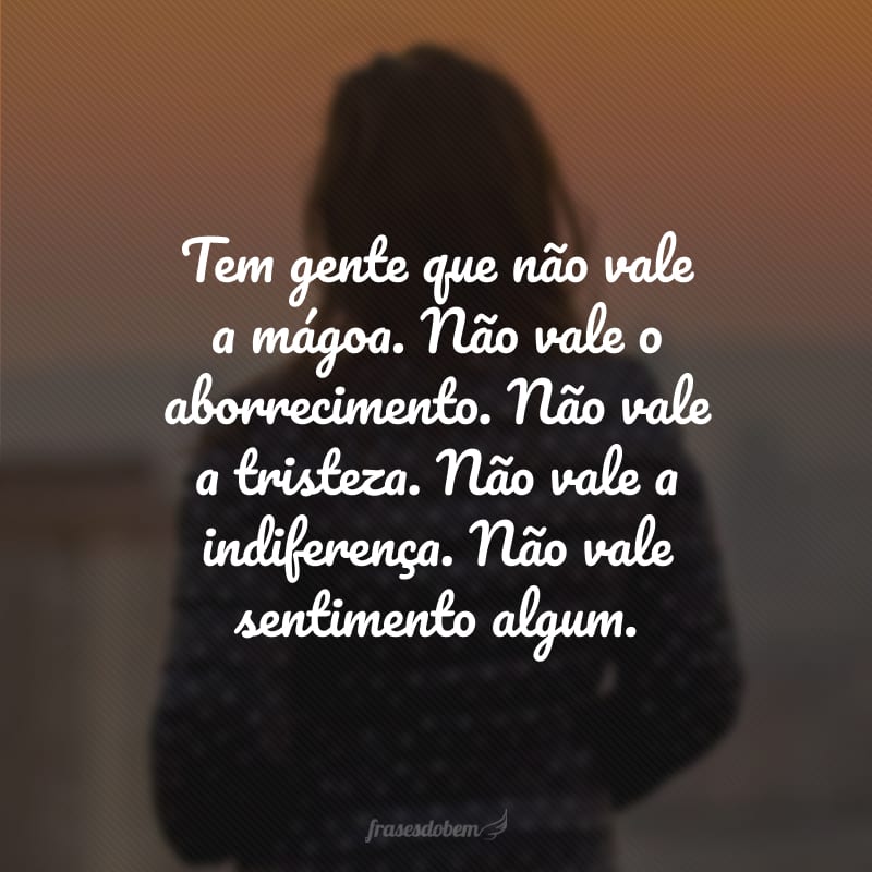 Tem gente que não vale a mágoa. Não vale o aborrecimento. Não vale a tristeza. Não vale a indiferença. Não vale sentimento algum.