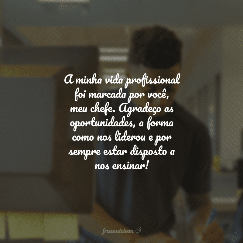 A minha vida profissional foi marcada por você, meu chefe. Agradeço as oportunidades, a forma como nos liderou e por sempre estar disposto a nos ensinar!