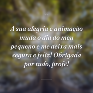 A sua alegria e animação muda o dia do meu pequeno e me deixa mais segura e feliz! Obrigada por tudo, profê!