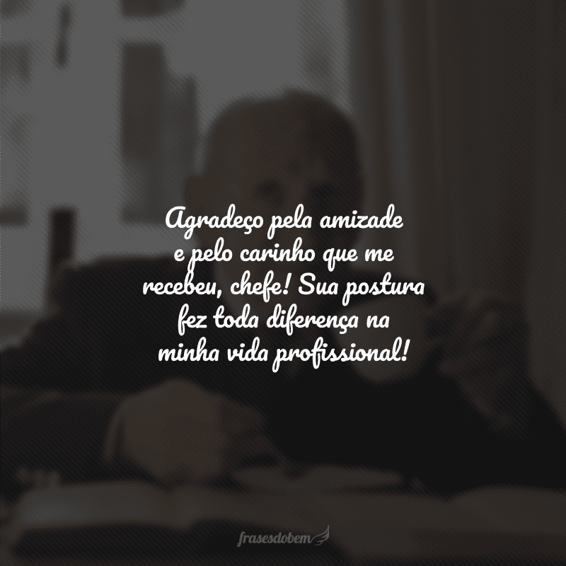 Agradeço pela amizade e pelo carinho que me recebeu, chefe! Sua postura fez toda diferença na minha vida profissional!