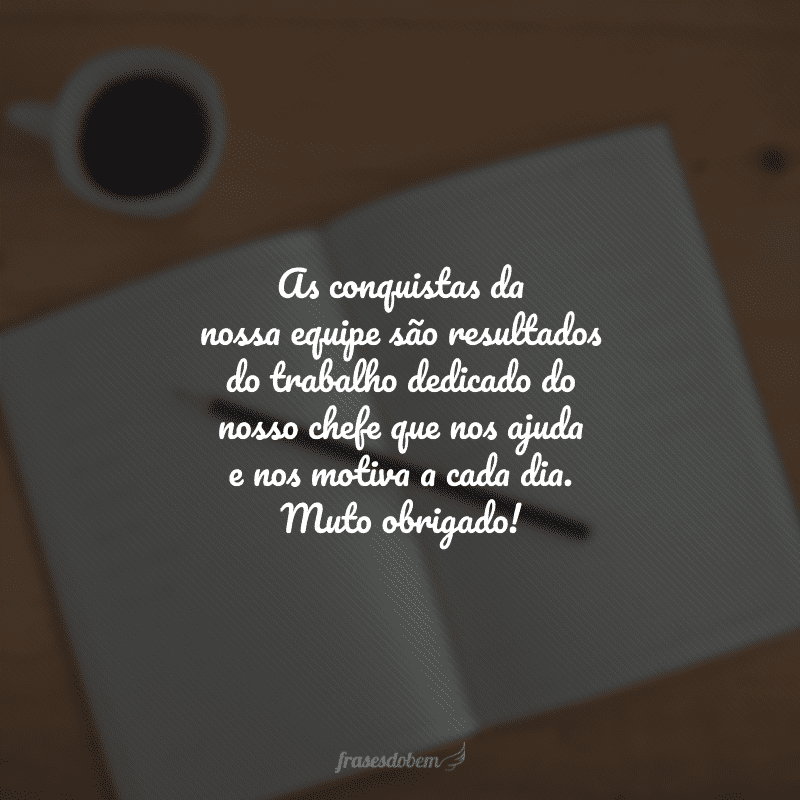 As conquistas da nossa equipe são resultados do trabalho dedicado do nosso chefe que nos ajuda e nos motiva a cada dia. Muto obrigado!