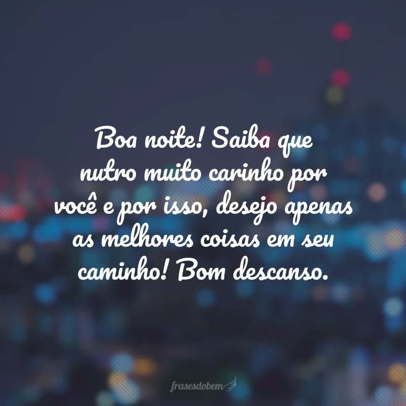 Boa noite! Saiba que nutro muito carinho por você e por isso, desejo apenas as melhores coisas em seu caminho! Bom descanso.