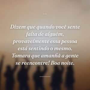 Dizem que quando você sente falta de alguém, provavelmente essa pessoa está sentindo o mesmo. Tomara que amanhã a gente se reencontre! Boa noite.