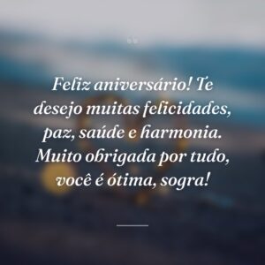 Feliz aniversário! Te desejo muitas felicidades, paz, saúde e harmonia. Muito obrigada por tudo, você é ótima, sogra!