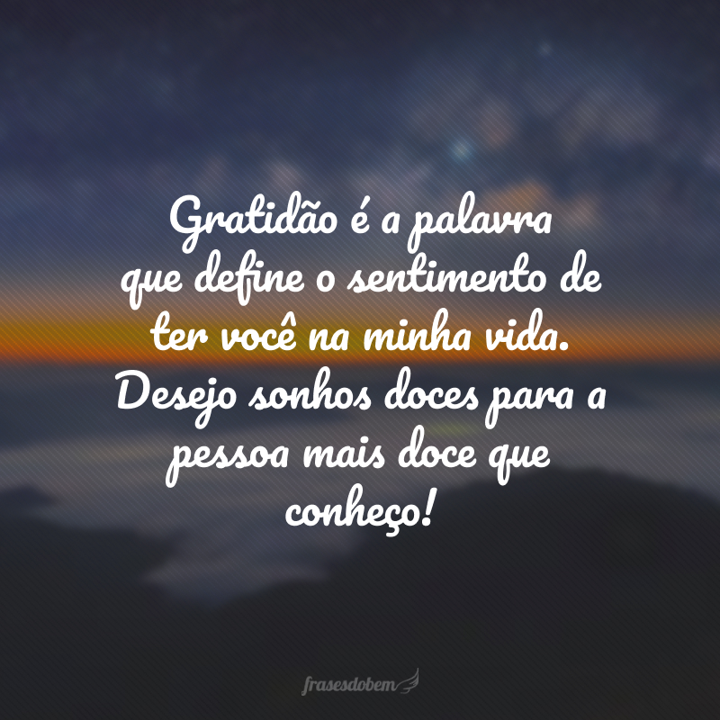 Gratidão é a palavra que define o sentimento de ter você na minha vida. Desejo sonhos doces para a pessoa mais doce que conheço!