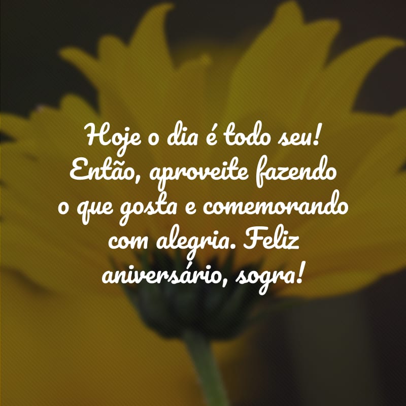 Hoje o dia é todo seu! Então, aproveite fazendo o que gosta e comemorando com alegria. Feliz aniversário, sogra!