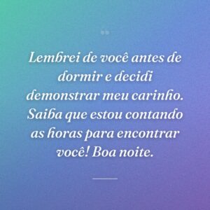 Lembrei de você antes de dormir e decidi demonstrar meu carinho. Saiba que estou contando as horas para encontrar você! Boa noite.