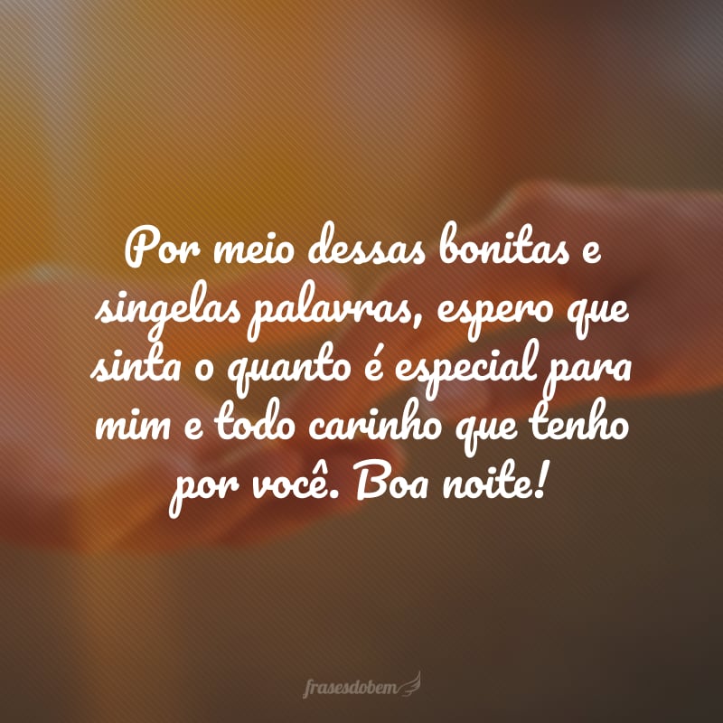 Por meio dessas bonitas e singelas palavras, espero que sinta o quanto é especial para mim e todo carinho que tenho por você. Boa noite!