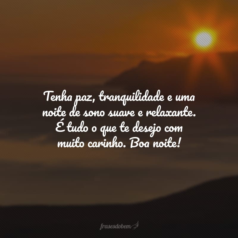 Tenha paz, tranquilidade e uma noite de sono suave e relaxante. É tudo o que te desejo com muito carinho. Boa noite!