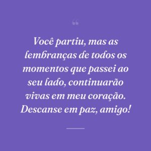 Você partiu, mas as lembranças de todos os momentos que passei ao seu lado, continuarão vivas em meu coração. Descanse em paz, amigo!