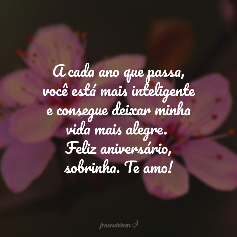 A cada ano que passa, você está mais inteligente e consegue deixar minha vida mais alegre. Feliz aniversário, sobrinha. Te amo!