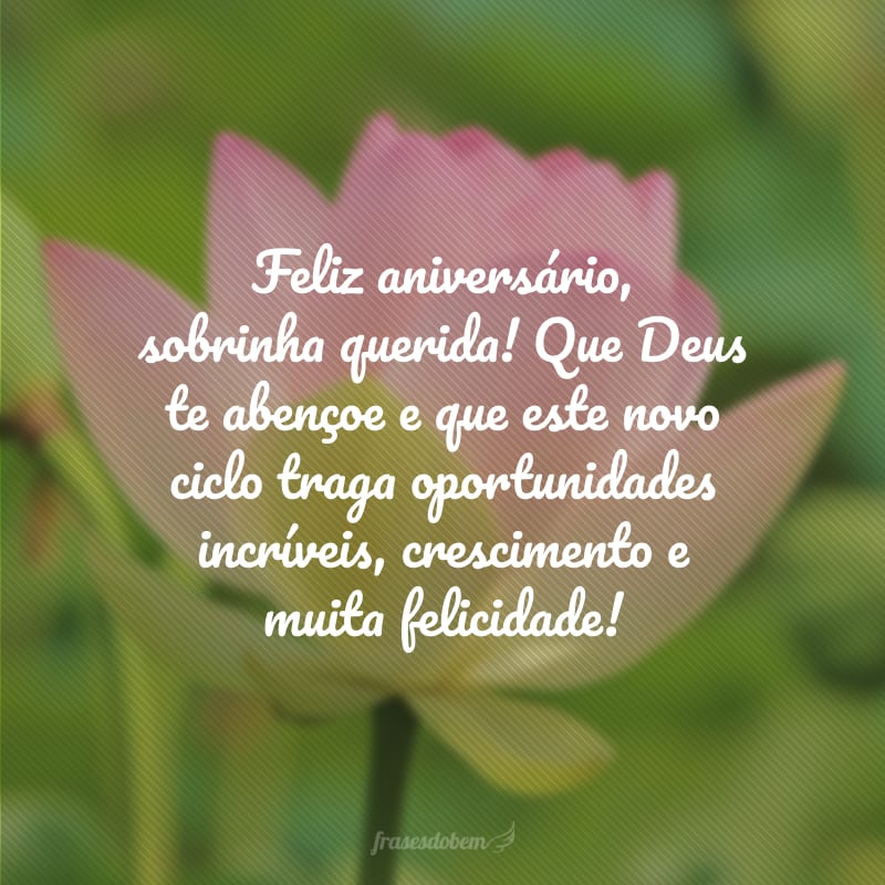 Feliz aniversário, sobrinha querida! Que Deus te abençoe e que este novo ciclo traga oportunidades incríveis, crescimento e muita felicidade!