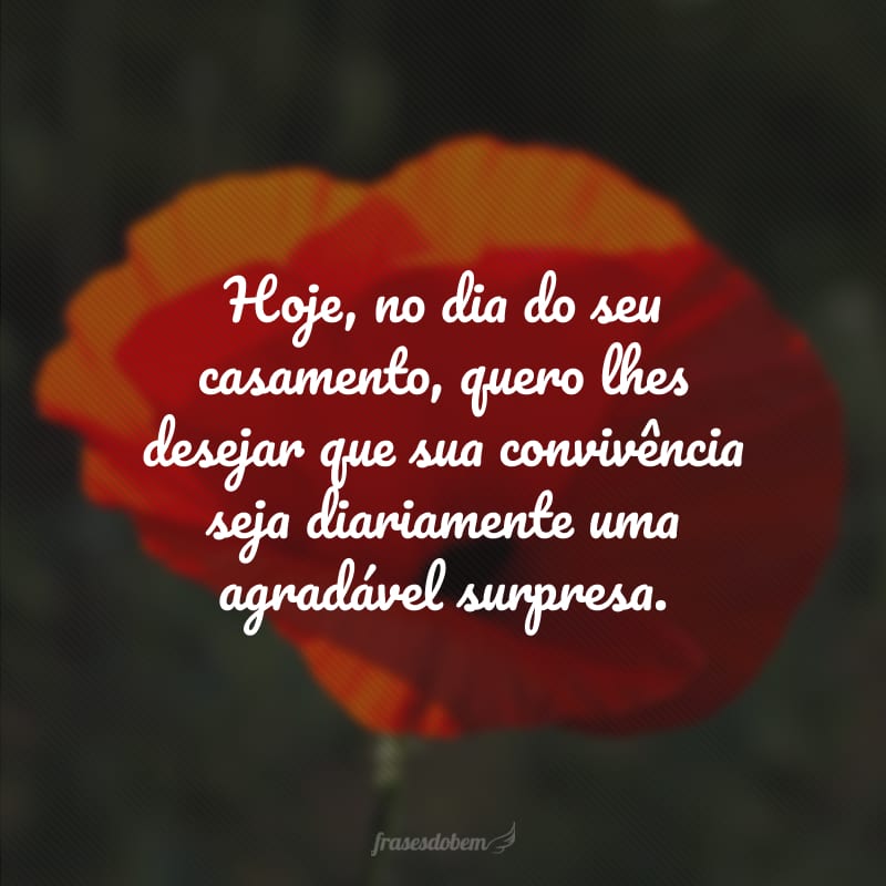 Hoje, no dia do seu casamento, quero lhes desejar que sua convivência seja diariamente uma agradável surpresa.