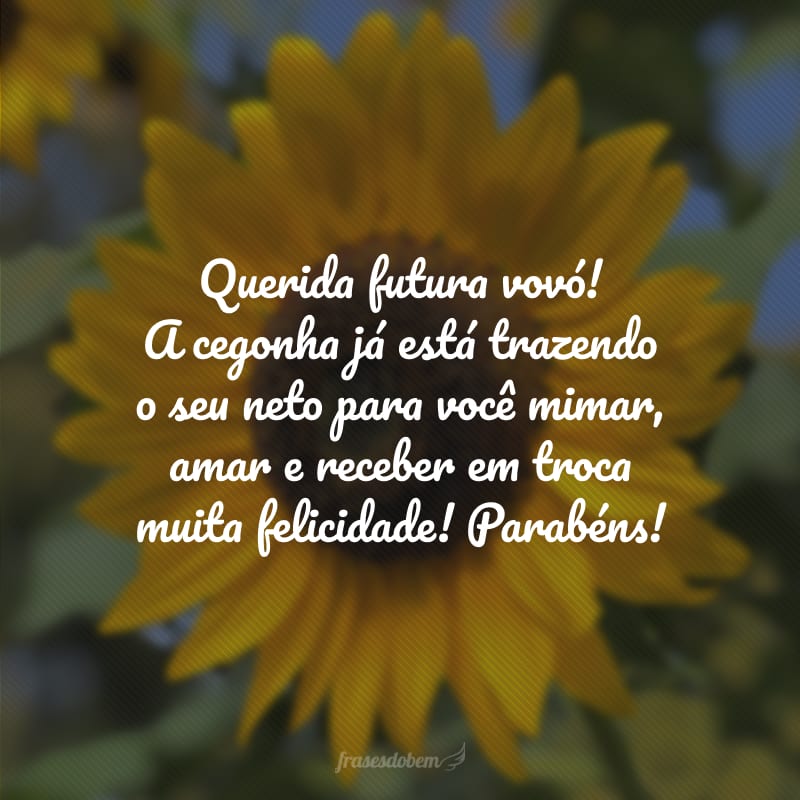 Querida futura vovó! A cegonha já está trazendo o seu neto para você mimar, amar e receber em troca muita felicidade! Parabéns!