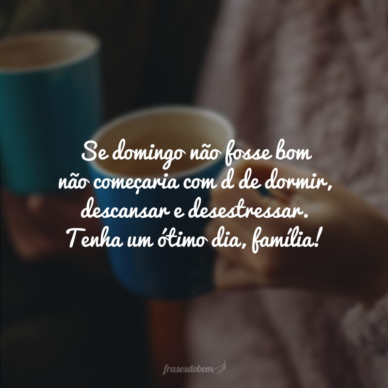 Se domingo não fosse bom não começaria com d de dormir, descansar e desestressar. Tenha um ótimo dia, família!