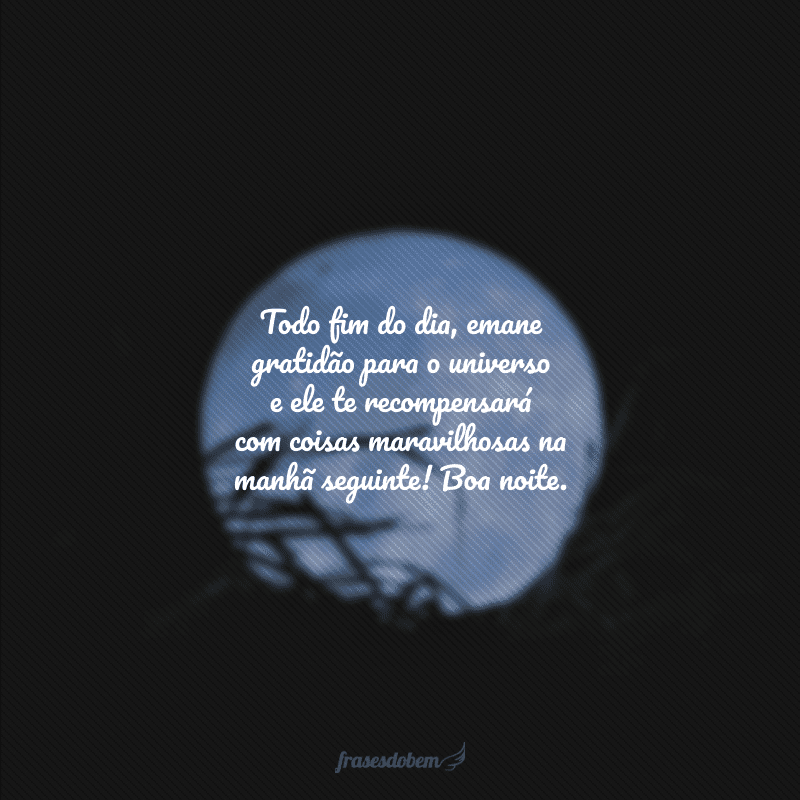 Todo fim do dia, emane gratidão para o universo e ele te recompensará com coisas maravilhosas na manhã seguinte! Boa noite.