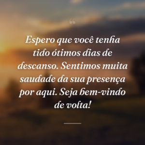 Espero que você tenha tido ótimos dias de descanso. Sentimos muita saudade da sua presença por aqui. Seja bem-vindo de volta!