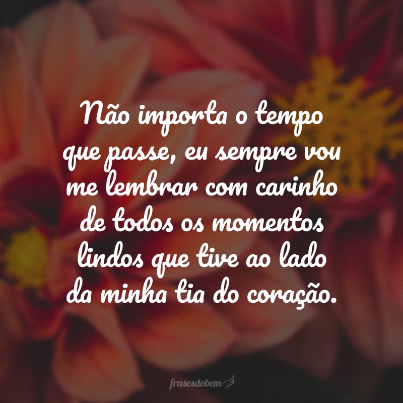 Não importa o tempo que passe, eu sempre vou me lembrar com carinho de todos os momentos lindos que tive ao lado da minha tia do coração.