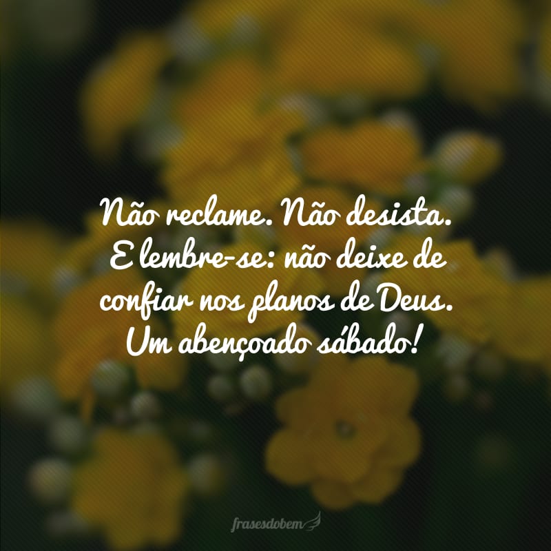 Não reclame. Não desista. E lembre-se: não deixe de confiar nos planos de Deus. Um abençoado sábado!