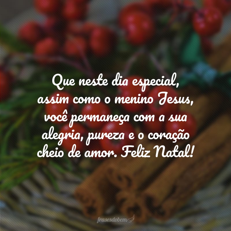 Que neste dia especial, assim como o menino Jesus, você permaneça com a sua alegria, pureza e o coração cheio de amor. Feliz Natal!