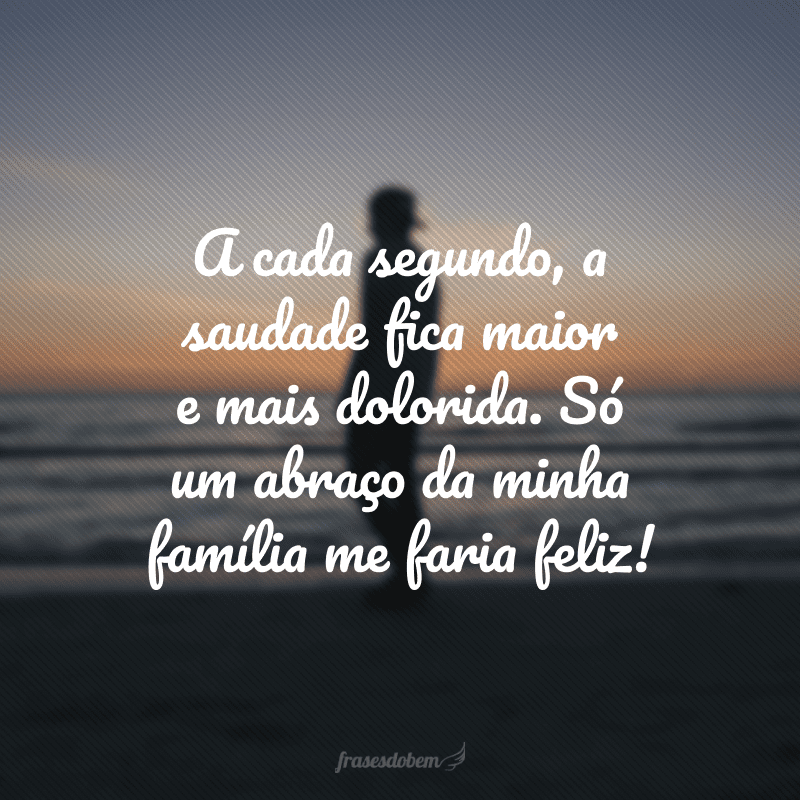 A cada segundo, a saudade fica maior e mais dolorida. Só um abraço da minha família me faria feliz!