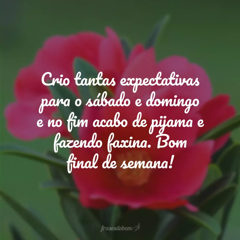 Crio tantas expectativas para o sábado e domingo e no fim acabo de pijama e fazendo faxina. Bom final de semana!