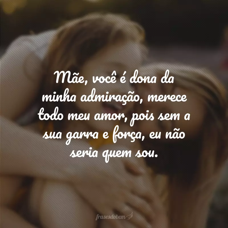 Mãe, você é dona da minha admiração, merece todo meu amor, pois sem a sua garra e força, eu não seria quem sou.