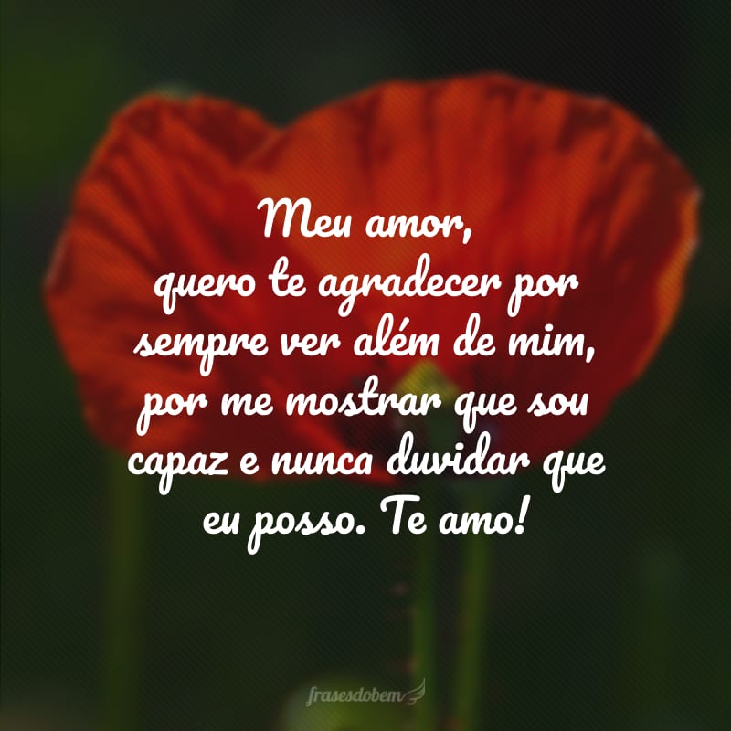 Meu amor, quero te agradecer por sempre ver além de mim, por me mostrar que sou capaz e nunca duvidar que eu posso. Te amo!