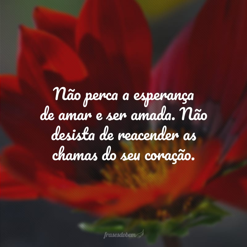 Não perca a esperança de amar e ser amada. Não desista de reacender as chamas do seu coração.