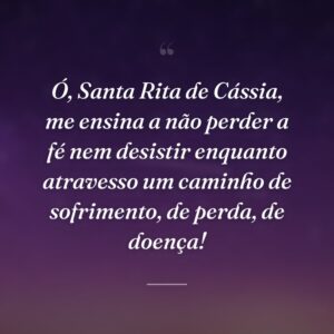 Ó, Santa Rita de Cássia, me ensina a não perder a fé nem desistir enquanto atravesso um caminho de sofrimento, de perda, de doença!