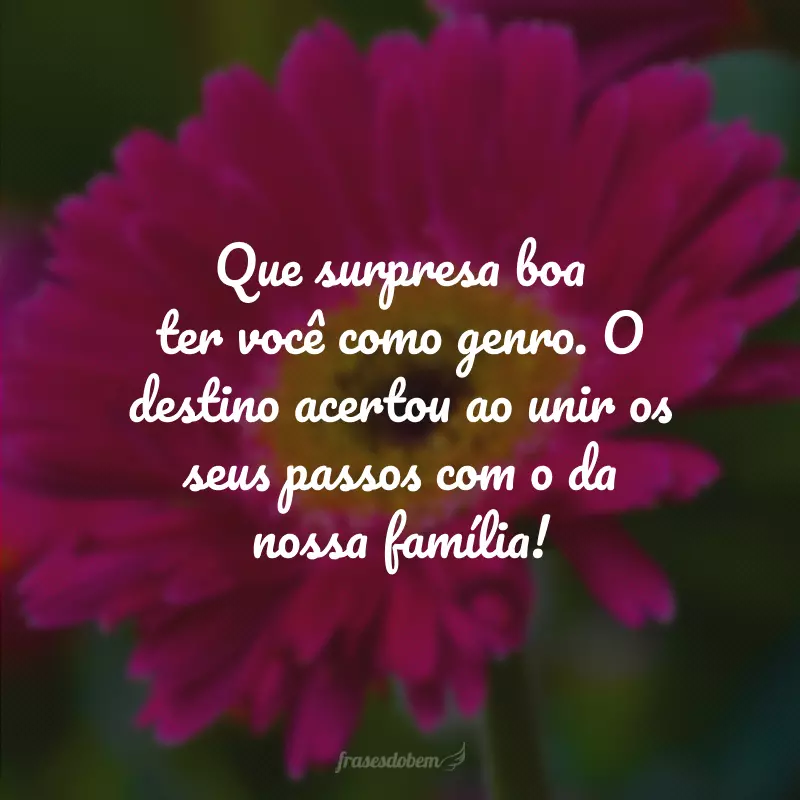 Que surpresa boa ter você como genro. O destino acertou ao unir os seus passos com o da nossa família!