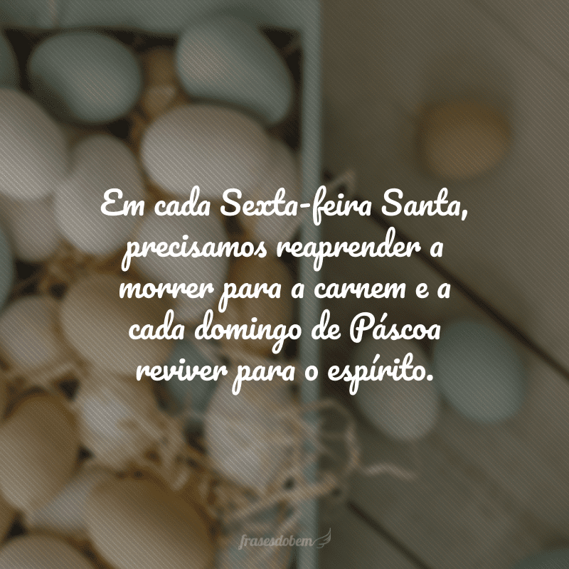 Em cada Sexta-feira Santa, precisamos reaprender a morrer para a carnem e a cada domingo de Páscoa reviver para o espírito. 