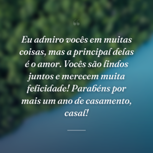 Eu admiro vocês em muitas coisas, mas a principal delas é o amor. Vocês são lindos juntos e merecem muita felicidade! Parabéns por mais um ano de casamento, casal!