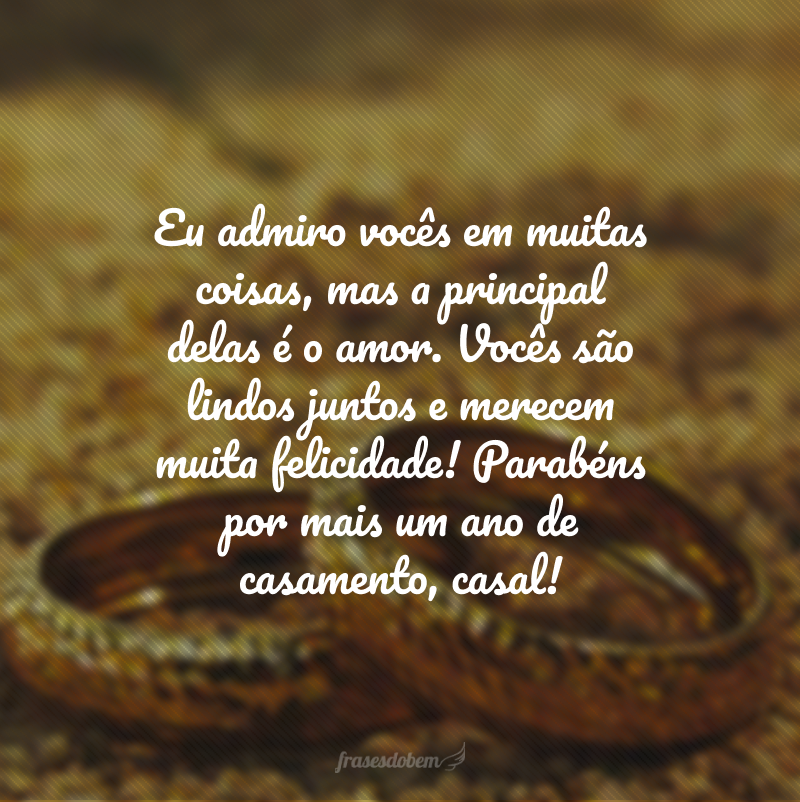 Eu admiro vocês em muitas coisas, mas a principal delas é o amor. Vocês são lindos juntos e merecem muita felicidade! Parabéns por mais um ano de casamento, casal!