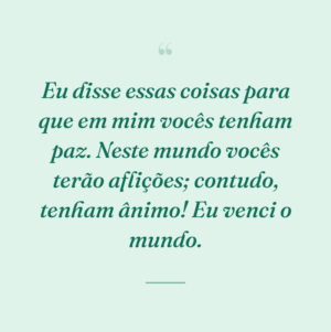 Eu disse essas coisas para que em mim vocês tenham paz. Neste mundo vocês terão aflições; contudo, tenham ânimo! Eu venci o mundo.
