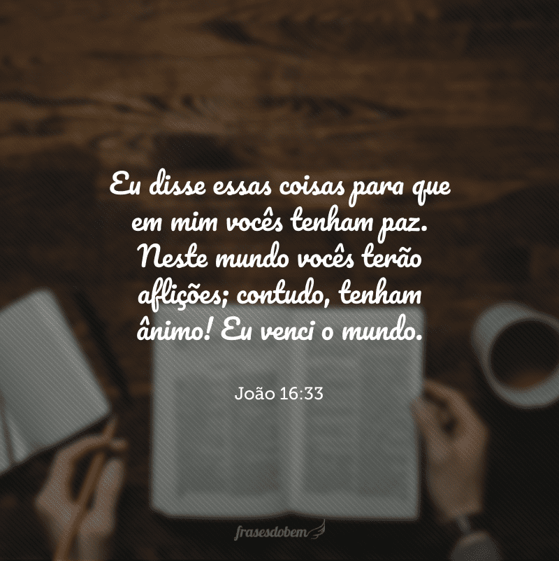 Eu disse essas coisas para que em mim vocês tenham paz. Neste mundo vocês terão aflições; contudo, tenham ânimo! Eu venci o mundo.