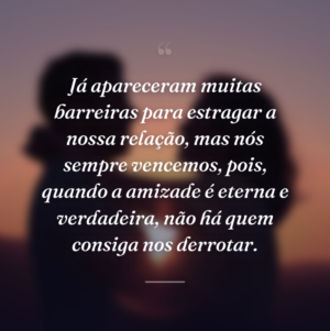 Já apareceram muitas barreiras para estragar a nossa relação, mas nós sempre vencemos, pois, quando a amizade é eterna e verdadeira, não há quem consiga nos derrotar.