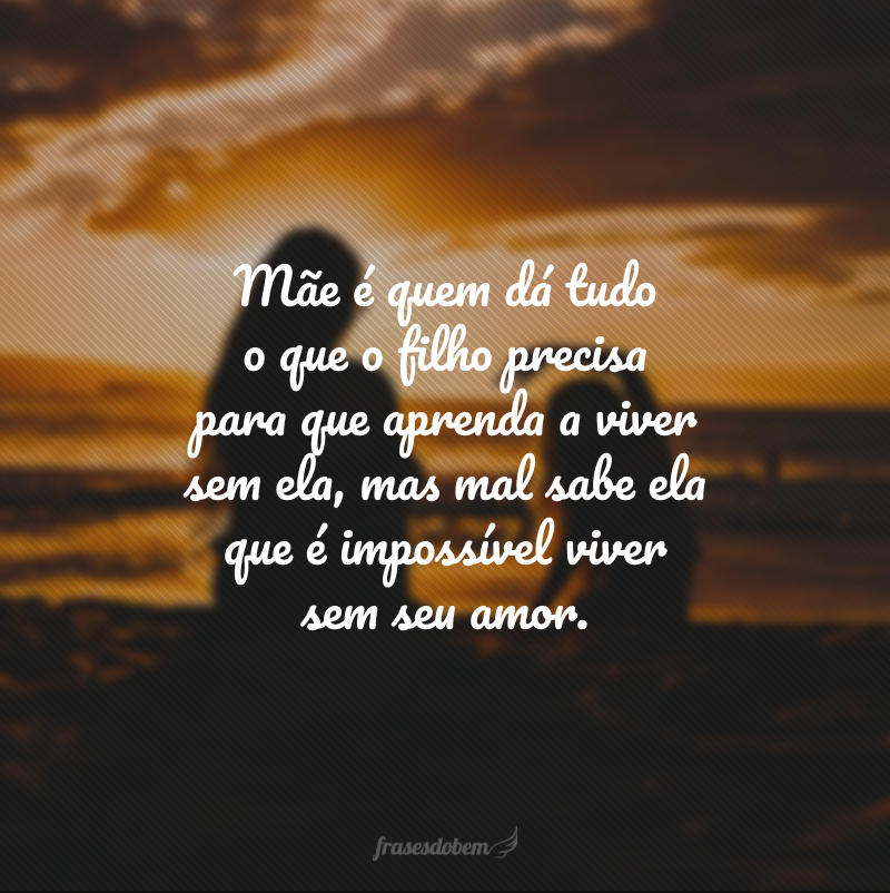 Mãe é quem dá tudo o que o filho precisa para que aprenda a viver sem ela, mas mal sabe ela que é impossível viver sem seu amor.