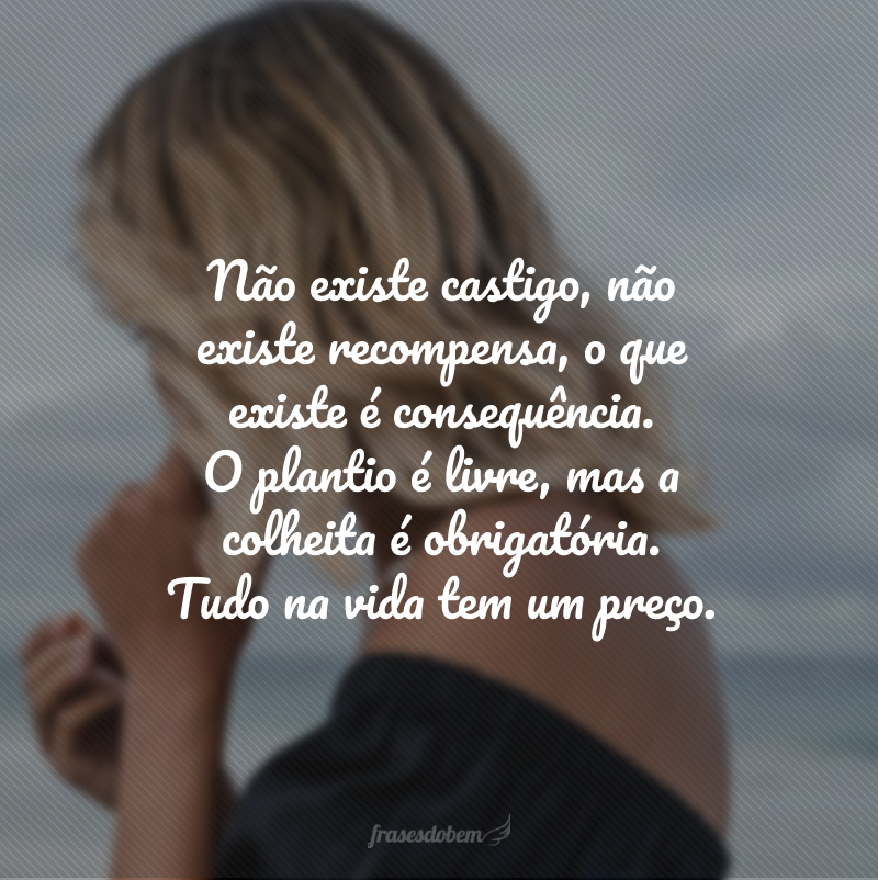 Não existe castigo, não existe recompensa, o que existe é consequência. O plantio é livre, mas a colheita é obrigatória. Tudo na vida tem um preço.