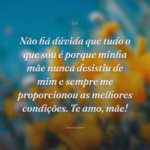 Não há dúvida que tudo o que sou é porque minha mãe nunca desistiu de mim e sempre me proporcionou as melhores condições. Te amo, mãe!