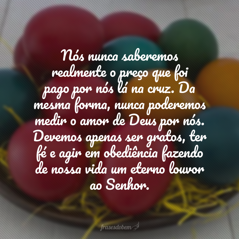 Nós nunca saberemos realmente o preço que foi pago por nós lá na cruz. Da mesma forma, nunca poderemos medir o amor de Deus por nós. Devemos apenas ser gratos, ter fé e agir em obediência fazendo de nossa vida um eterno louvor ao Senhor. 