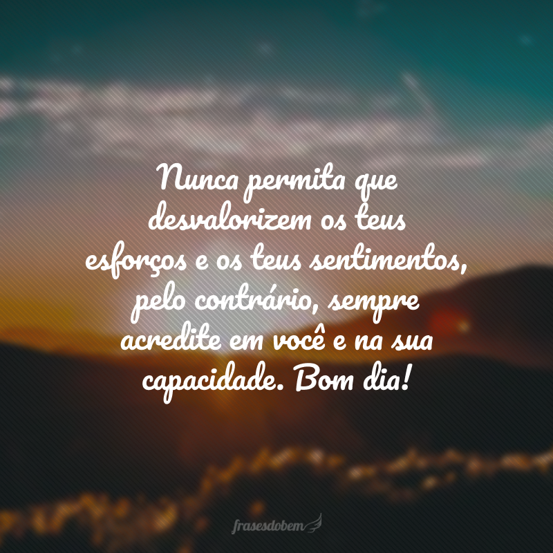 Nunca permita que desvalorizem os teus esforços e os teus sentimentos, pelo contrário, sempre acredite em você e na sua capacidade. Bom dia!