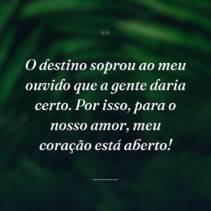 O destino soprou ao meu ouvido que a gente daria certo. Por isso, para o nosso amor, meu coração está aberto!
