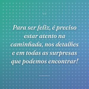 Para ser feliz, é preciso estar atento na caminhada, nos detalhes e em todas as surpresas que podemos encontrar!
