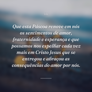 Que esta Páscoa renove em nós os sentimentos de amor, fraternidade e esperança e que possamos nos espelhar cada vez mais em Cristo Jesus que se entregou e abraçou as consequências do amor por nós.