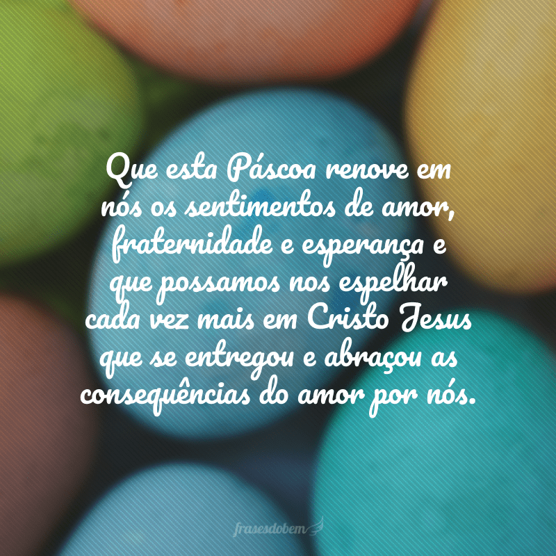 Que esta Páscoa renove em nós os sentimentos de amor, fraternidade e esperança e que possamos nos espelhar cada vez mais em Cristo Jesus que se entregou e abraçou as consequências do amor por nós. 